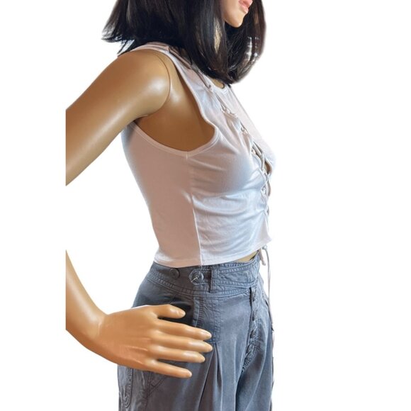 OG Babe Womens Lace Up Sleeveless Tank Top in White Small Y2K Grunge Edgy - Picture 3 of 5